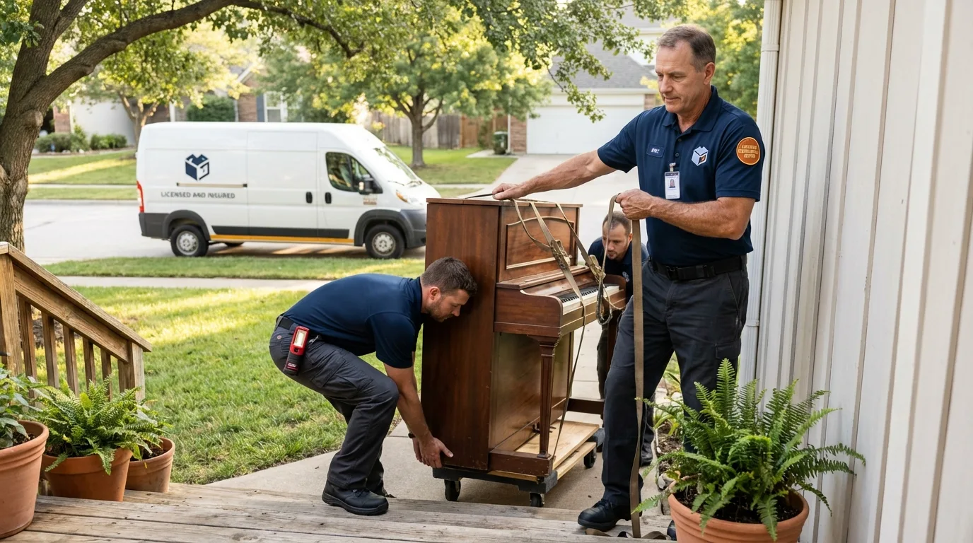 Licensed piano movers securing grand piano in South Dennis, MA