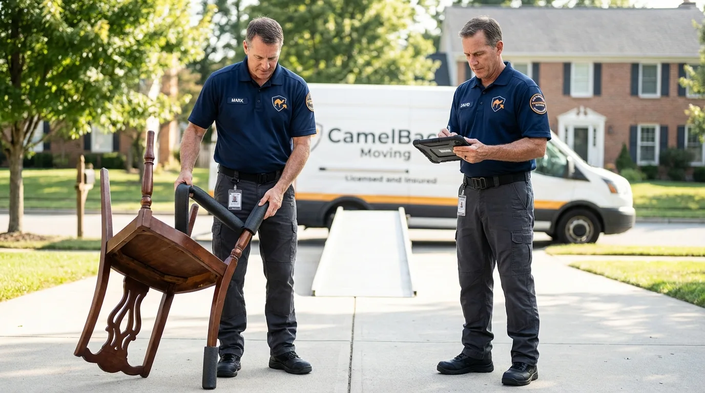 Movers inspecting furniture for damage prevention before loading in South Dennis, MA
