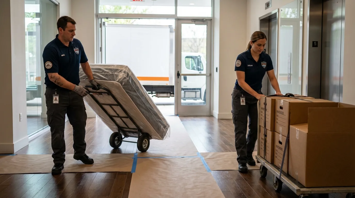 Professional apartment movers loading elevator in South Dennis, MA