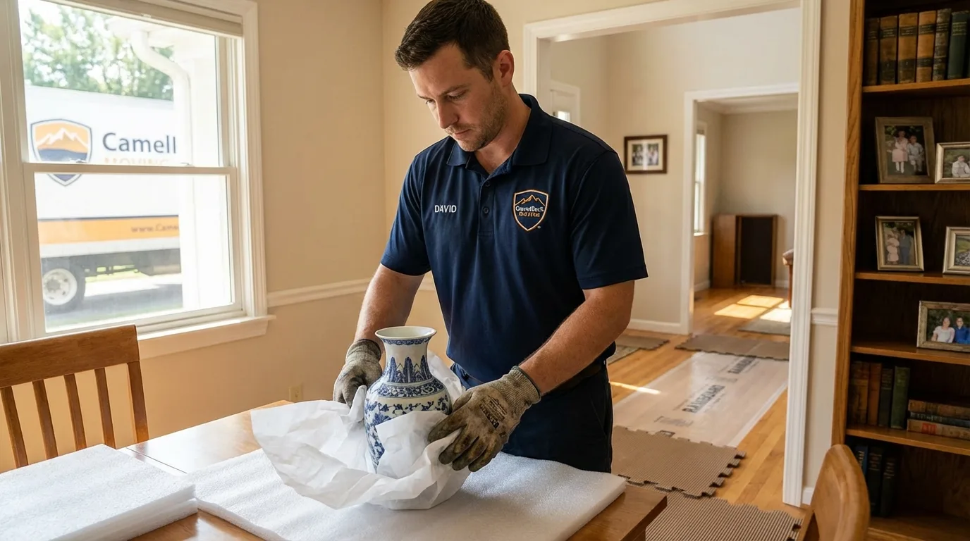 Professional crew carefully wrapping antique vase for senior downsizing move in South Dennis, MA