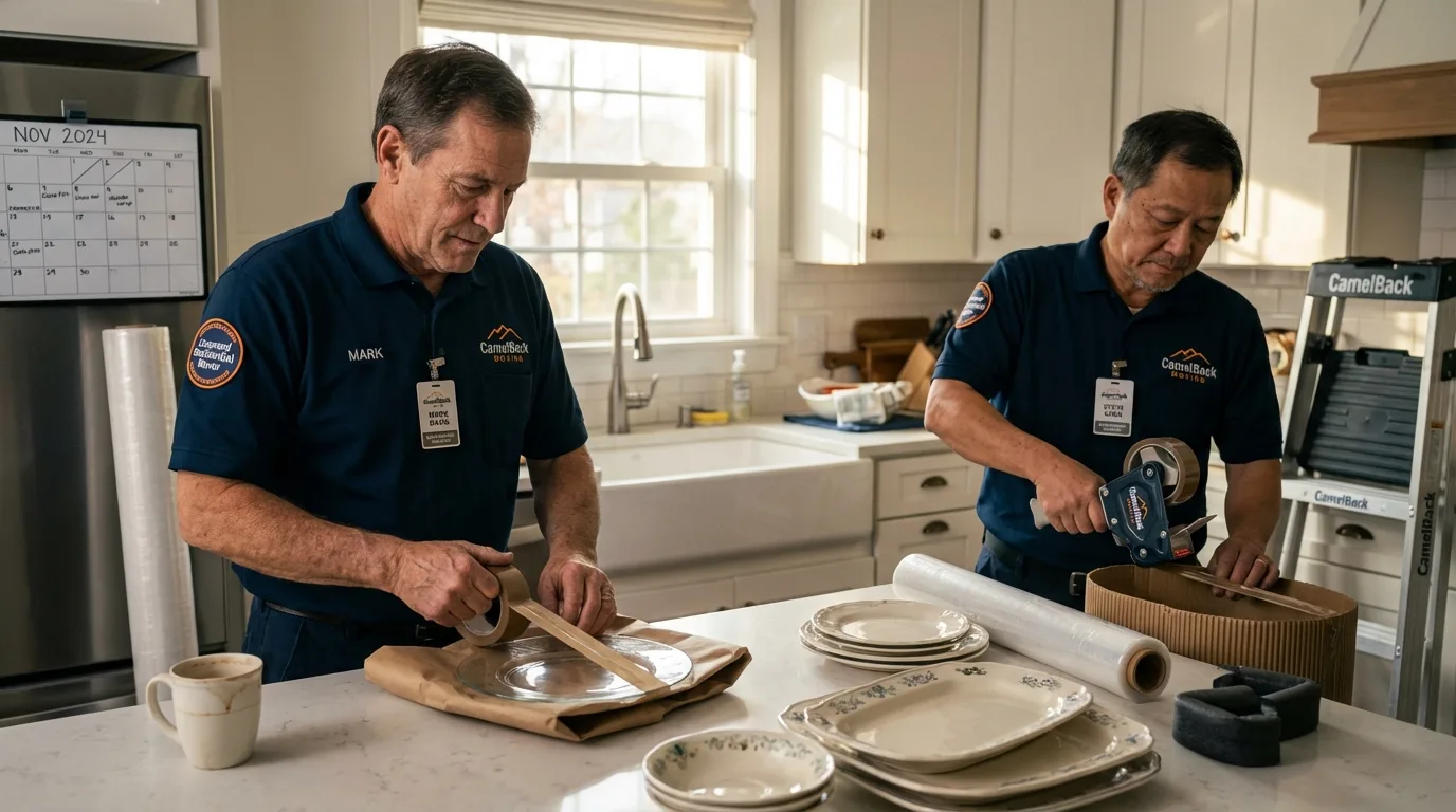 Professional crew packing kitchen dishware in South Dennis, MA